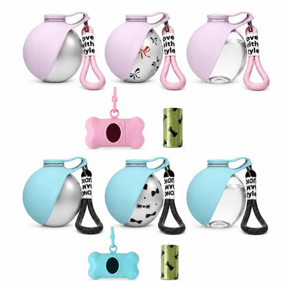 Stainless Steel Leak-Proof Pet Water Bottle (285ml) with Wheat Straw Bone Poop Bag Holder - Portable Outdoor Cleaning Set for Dogs and Cats