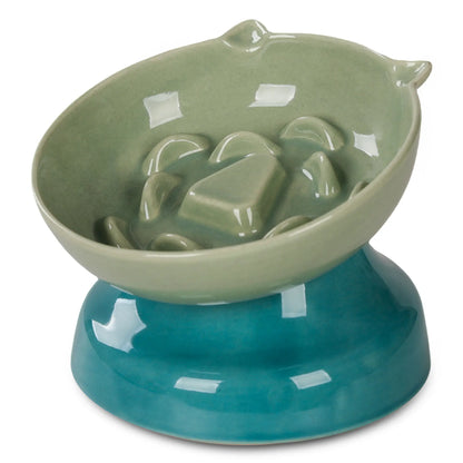 Ceramic Elevated Slow Feeder Cat Bowl for Fast Eaters, Whisker-Friendly Design, Dishwasher Safe for Dry and Wet Food