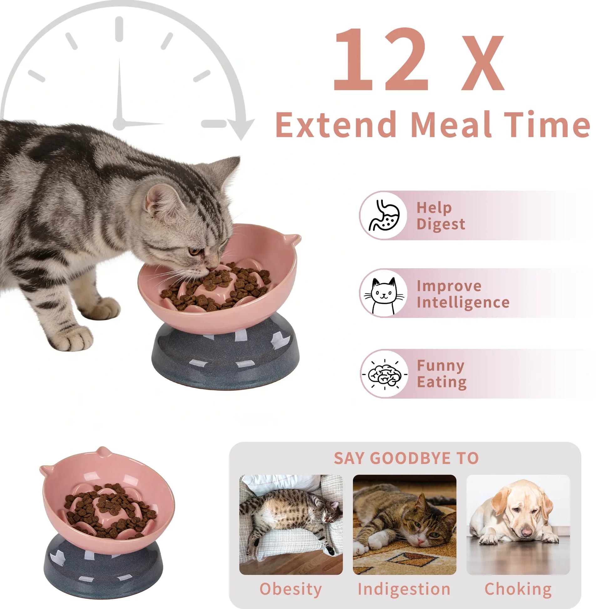 Ceramic Elevated Slow Feeder Cat Bowl for Fast Eaters, Whisker-Friendly Design, Dishwasher Safe for Dry and Wet Food