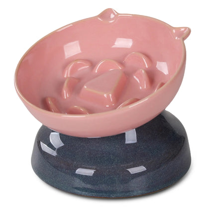 Ceramic Elevated Slow Feeder Cat Bowl for Fast Eaters, Whisker-Friendly Design, Dishwasher Safe for Dry and Wet Food