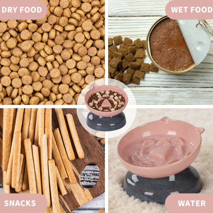Ceramic Elevated Slow Feeder Cat Bowl for Fast Eaters, Whisker-Friendly Design, Dishwasher Safe for Dry and Wet Food