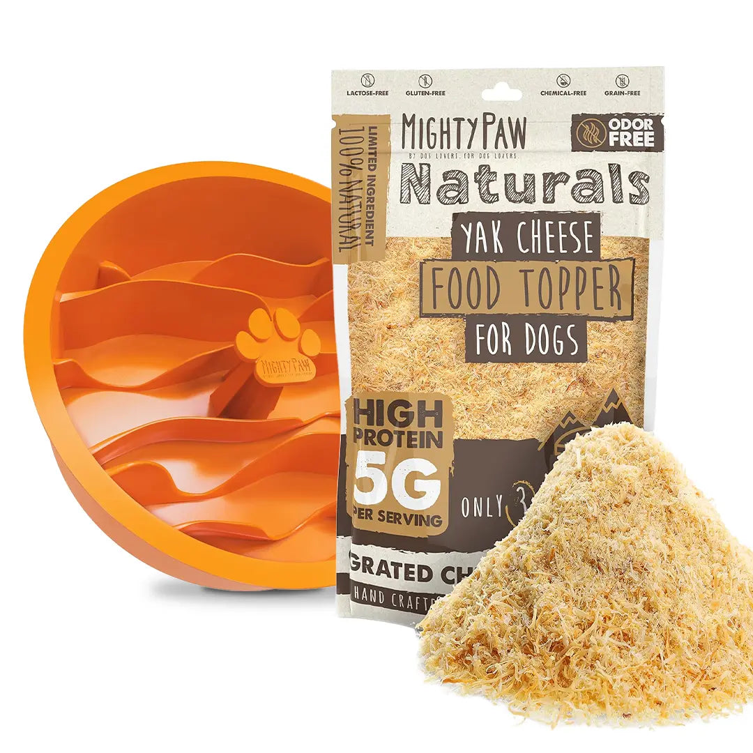 Mighty Paw Healthy Digestion Bundle: Maze Slow Feeder Bowl Insert with All-Natural Himalayan Yak Cheese Food Topper