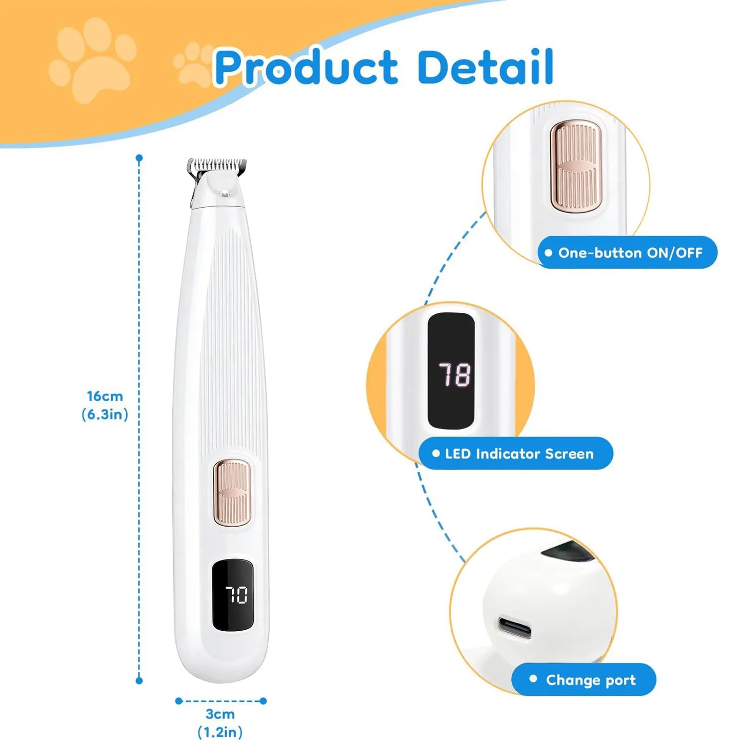 GOYJOY Waterproof Rechargeable Micro Precision Trimmer for Small Dogs and Cats with LED Light and Quiet Operation for Grooming Paws, Eyes, Ears, and Face
