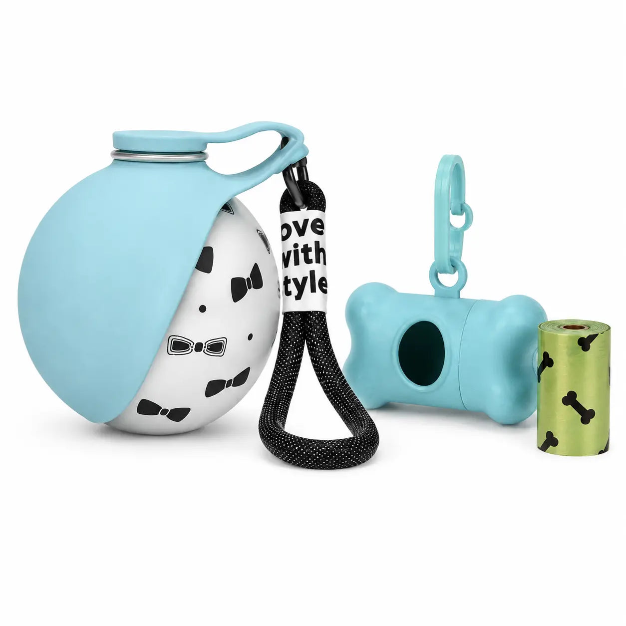 Stainless Steel Leak-Proof Pet Water Bottle (285ml) with Wheat Straw Bone Poop Bag Holder - Portable Outdoor Cleaning Set for Dogs and Cats