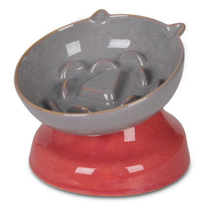 Ceramic Elevated Slow Feeder Cat Bowl for Fast Eaters, Whisker-Friendly Design, Dishwasher Safe for Dry and Wet Food