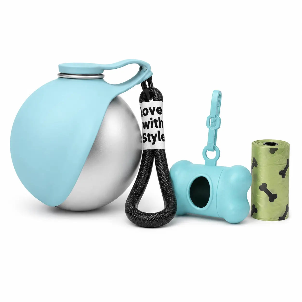 Stainless Steel Leak-Proof Pet Water Bottle (285ml) with Wheat Straw Bone Poop Bag Holder - Portable Outdoor Cleaning Set for Dogs and Cats
