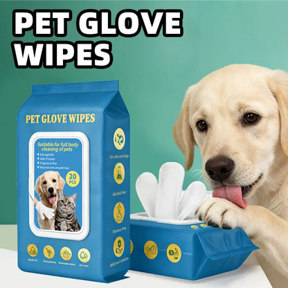 Professional Pet Grooming Kit: 20-Pack Cleaning Gloves and Bath Wipes for Dogs and Cats, Low Allergy and Deodorizing Solutions