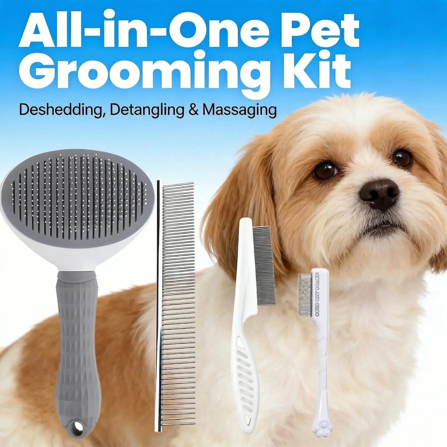 4-Piece Pet Grooming Kit - Self-Cleaning Slicker Brush, Dual-Sided Stainless Steel Dematting Comb, Tear Stain Comb, and Fur Removal Tool for Dogs and Cats with Long or Short Hair - Essential Supplies for a Fur-Free Home