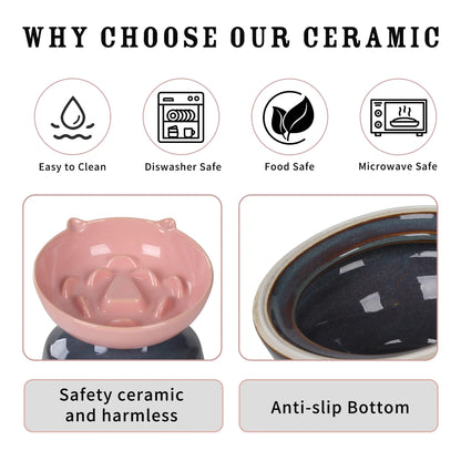 Ceramic Elevated Slow Feeder Cat Bowl for Fast Eaters, Whisker-Friendly Design, Dishwasher Safe for Dry and Wet Food