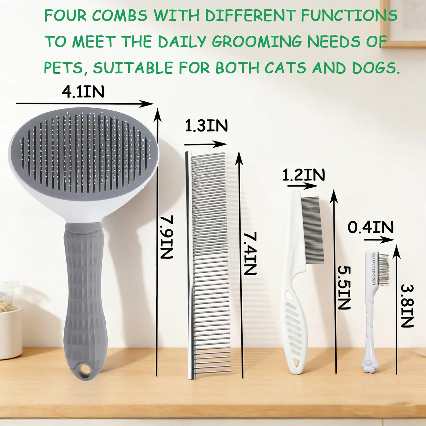 4-Piece Pet Grooming Kit - Self-Cleaning Slicker Brush, Dual-Sided Stainless Steel Dematting Comb, Tear Stain Comb, and Fur Removal Tool for Dogs and Cats with Long or Short Hair - Essential Supplies for a Fur-Free Home