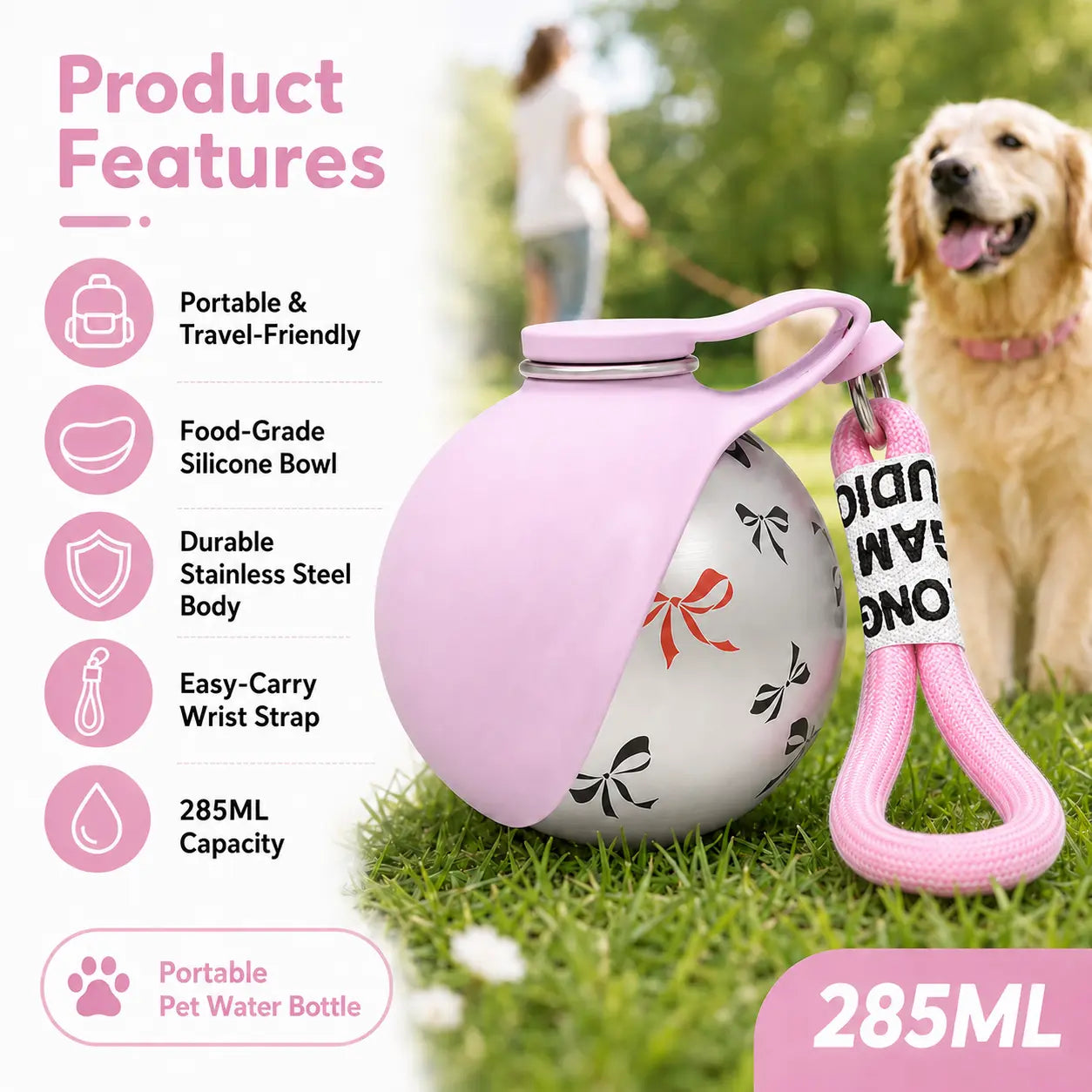 Stainless Steel Leak-Proof Pet Water Bottle (285ml) with Wheat Straw Bone Poop Bag Holder - Portable Outdoor Cleaning Set for Dogs and Cats