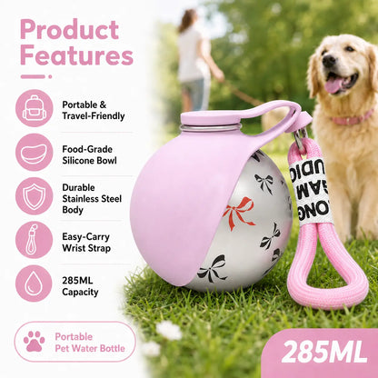 Stainless Steel Leak-Proof Pet Water Bottle (285ml) with Wheat Straw Bone Poop Bag Holder - Portable Outdoor Cleaning Set for Dogs and Cats