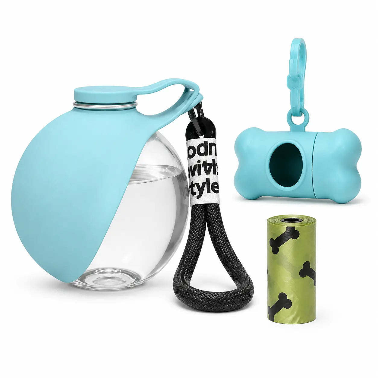 Stainless Steel Leak-Proof Pet Water Bottle (285ml) with Wheat Straw Bone Poop Bag Holder - Portable Outdoor Cleaning Set for Dogs and Cats