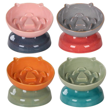 Ceramic Elevated Slow Feeder Cat Bowl for Fast Eaters, Whisker-Friendly Design, Dishwasher Safe for Dry and Wet Food