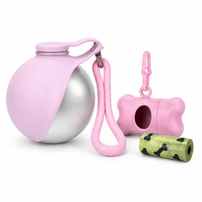 Stainless Steel Leak-Proof Pet Water Bottle (285ml) with Wheat Straw Bone Poop Bag Holder - Portable Outdoor Cleaning Set for Dogs and Cats