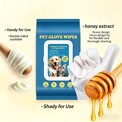Professional Pet Grooming Kit: 20-Pack Cleaning Gloves and Bath Wipes for Dogs and Cats, Low Allergy and Deodorizing Solutions